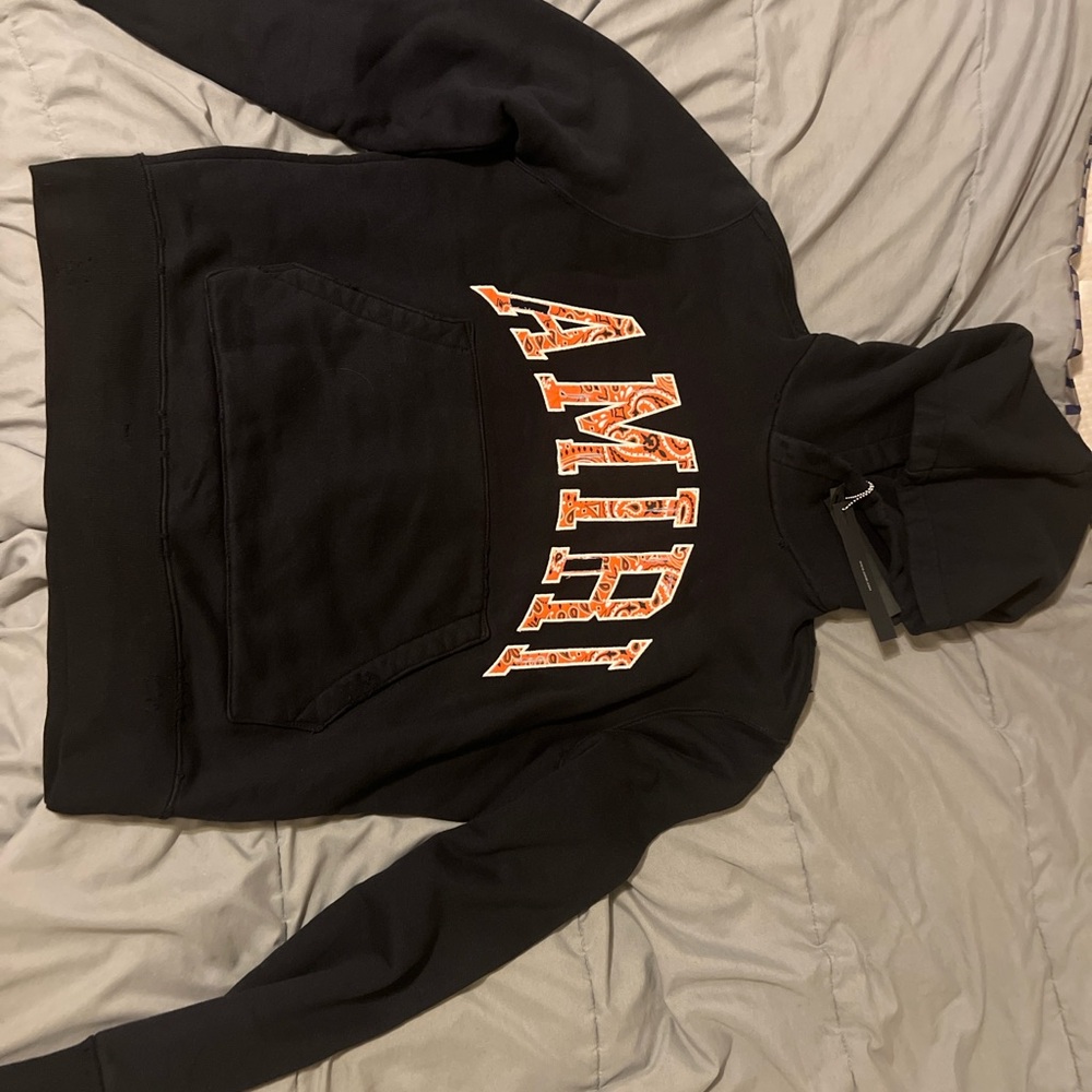 Amiri Black Bandana Hoodie with Orange Lettering